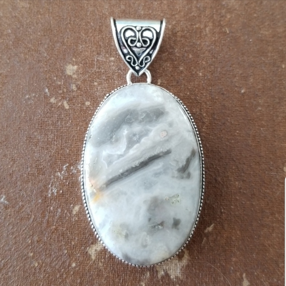 Grey White Agate Crystal  Gemstone Pendant
